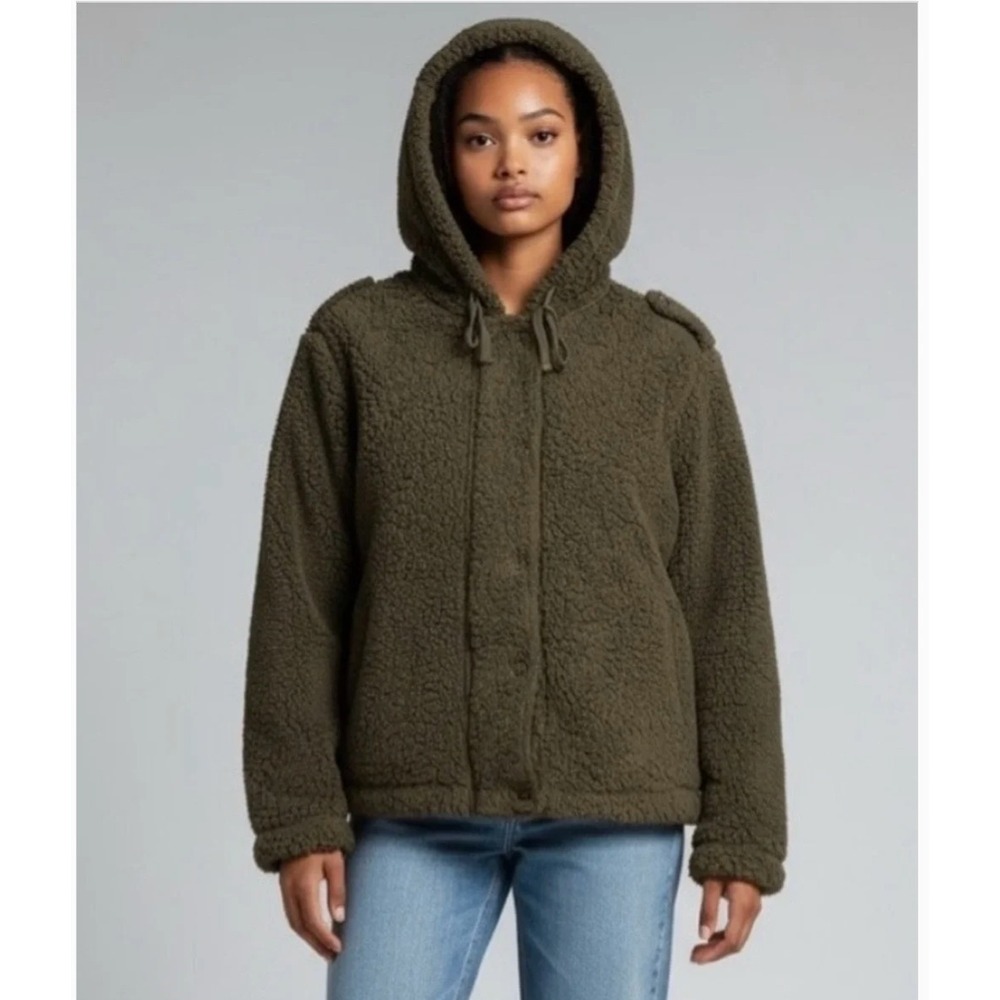 Perch by Blu Pepper Sherpa Hoodie Jacket Women 1XL Olive Green Faux Fur Full Zip